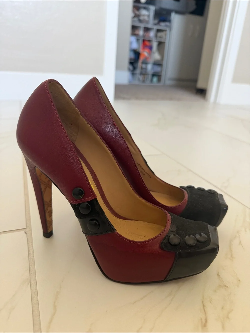 L.A.M.B. Burgundy and Black Button-Accent High Heels